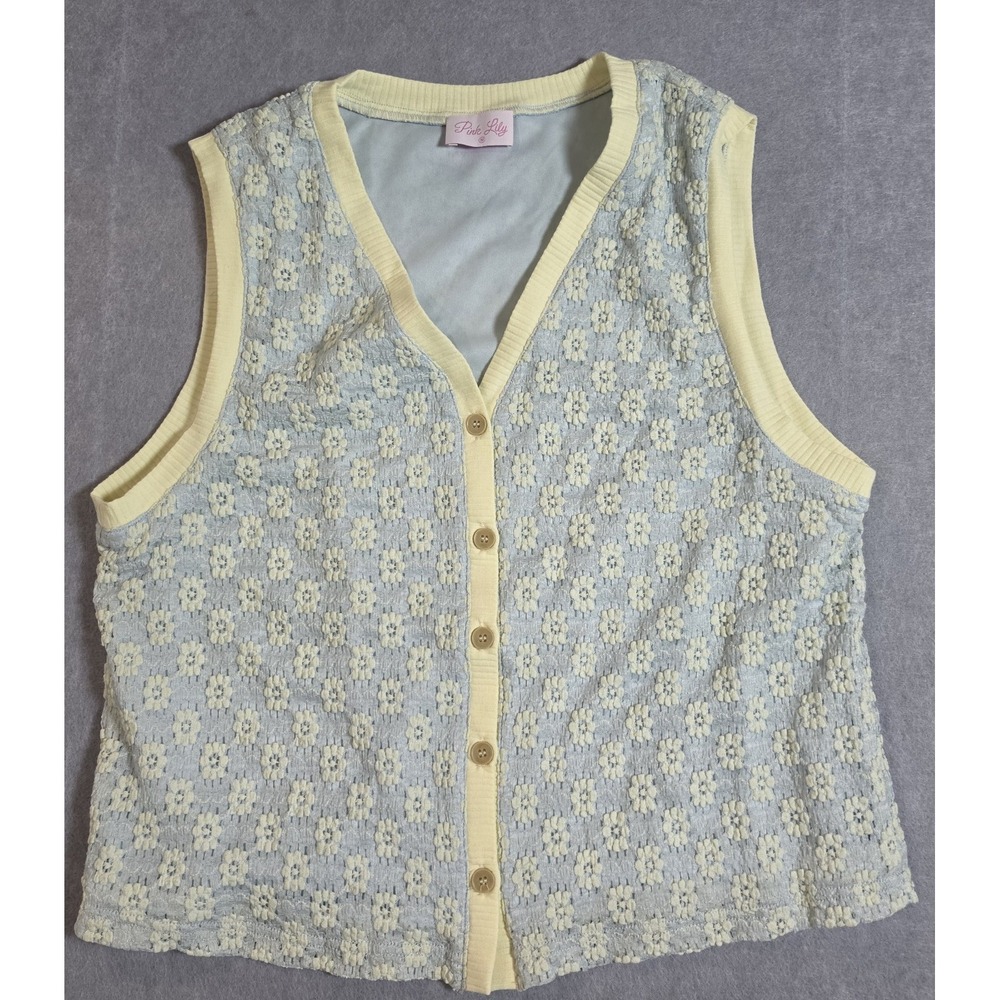 Pink Lily Crochet Sweater Vest Womens Medium Blue Floral Knitted Button Front
